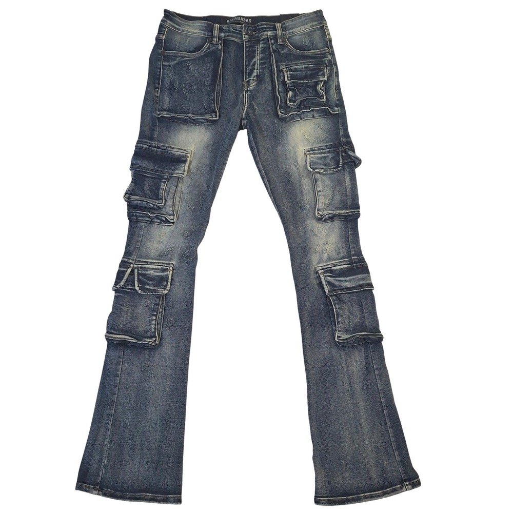 Valabasas Cargo Jeans Mens 34x36 Blue Distressed Stacked Flare Patch Pockets